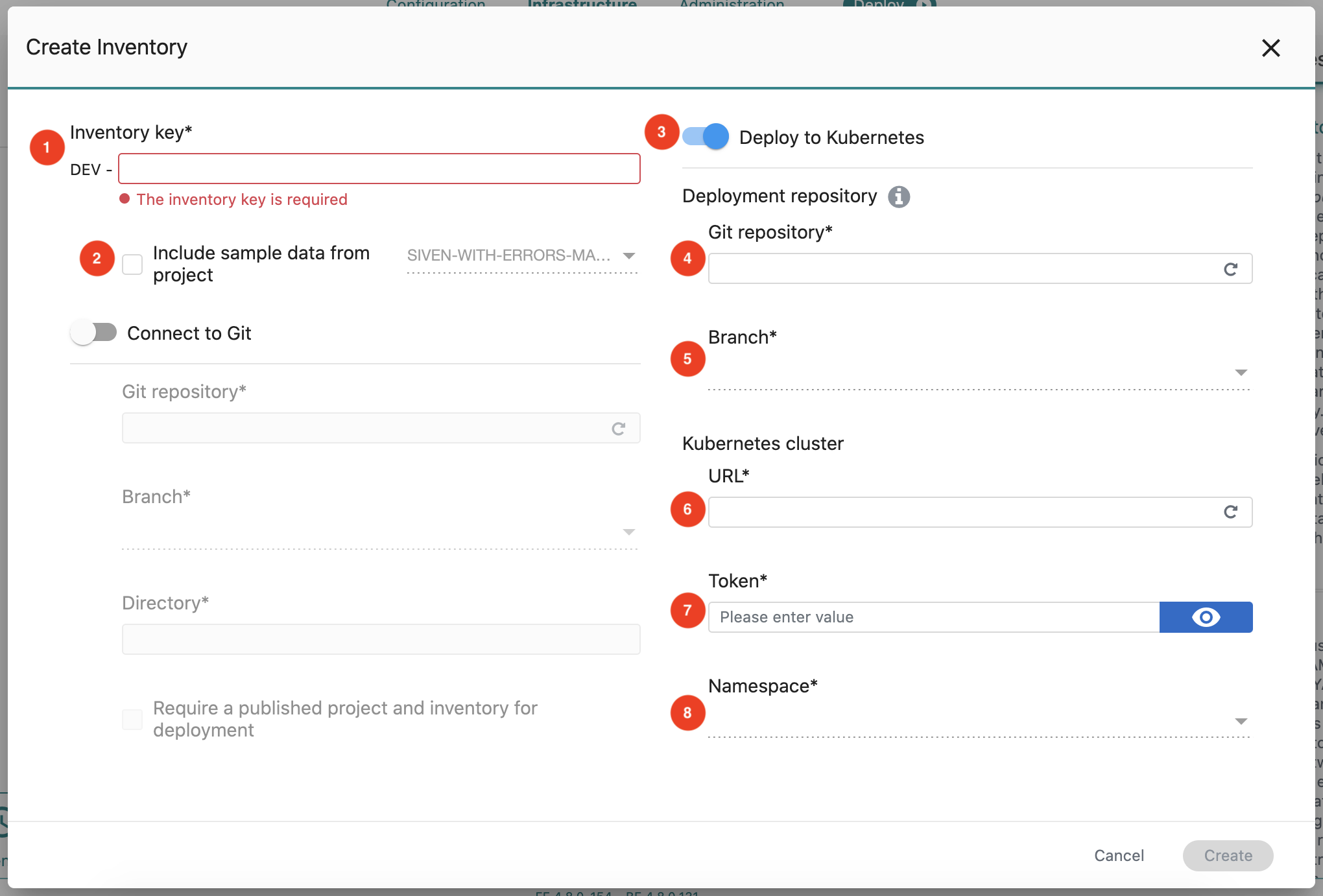 Create Inventory dialog - Kubernetes inventory