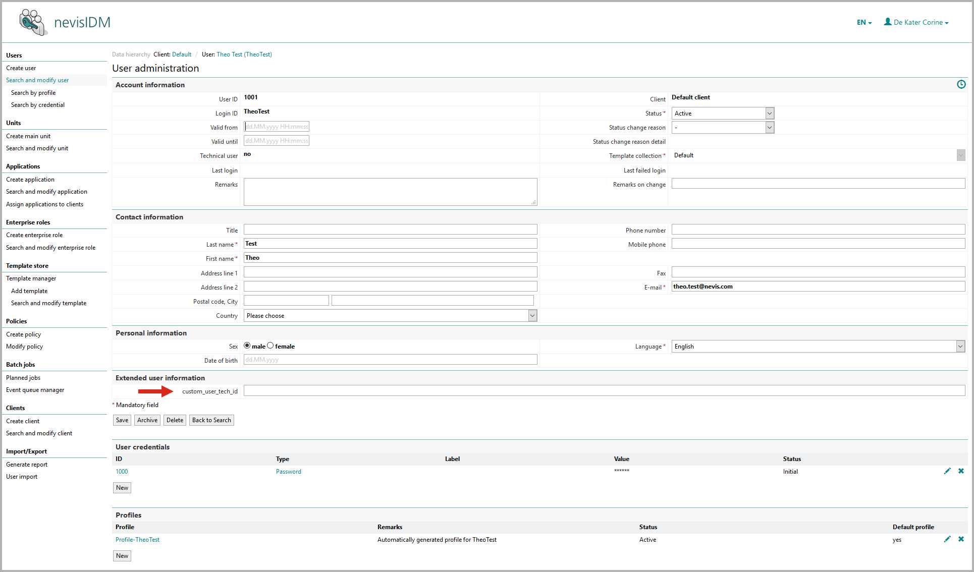 Custom property custom_user_tech_id with scope onUserGlobal