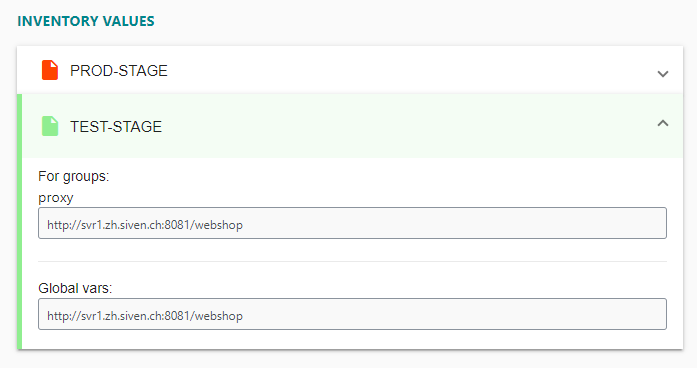 Variables screen - Inventory values section