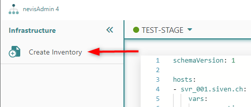 Inventory Editor and Inventory Settings screen - Create Inventory in the sidebar Action menu