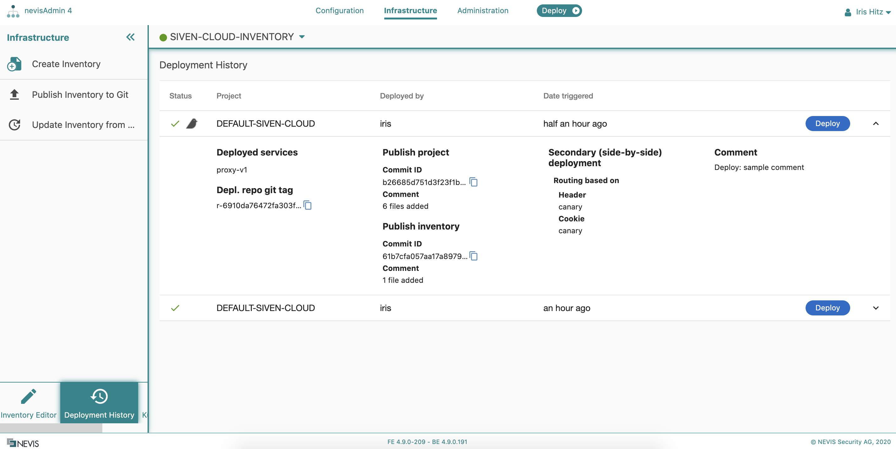 Deployment History screen