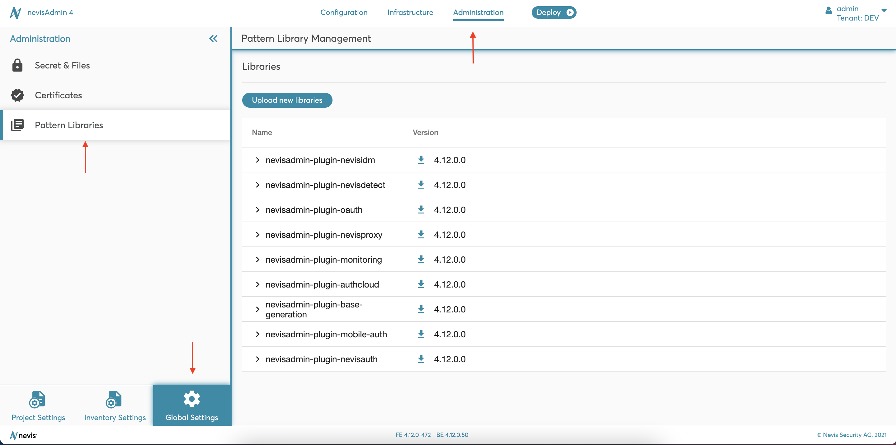 Navigation to the Pattern Library Management screen