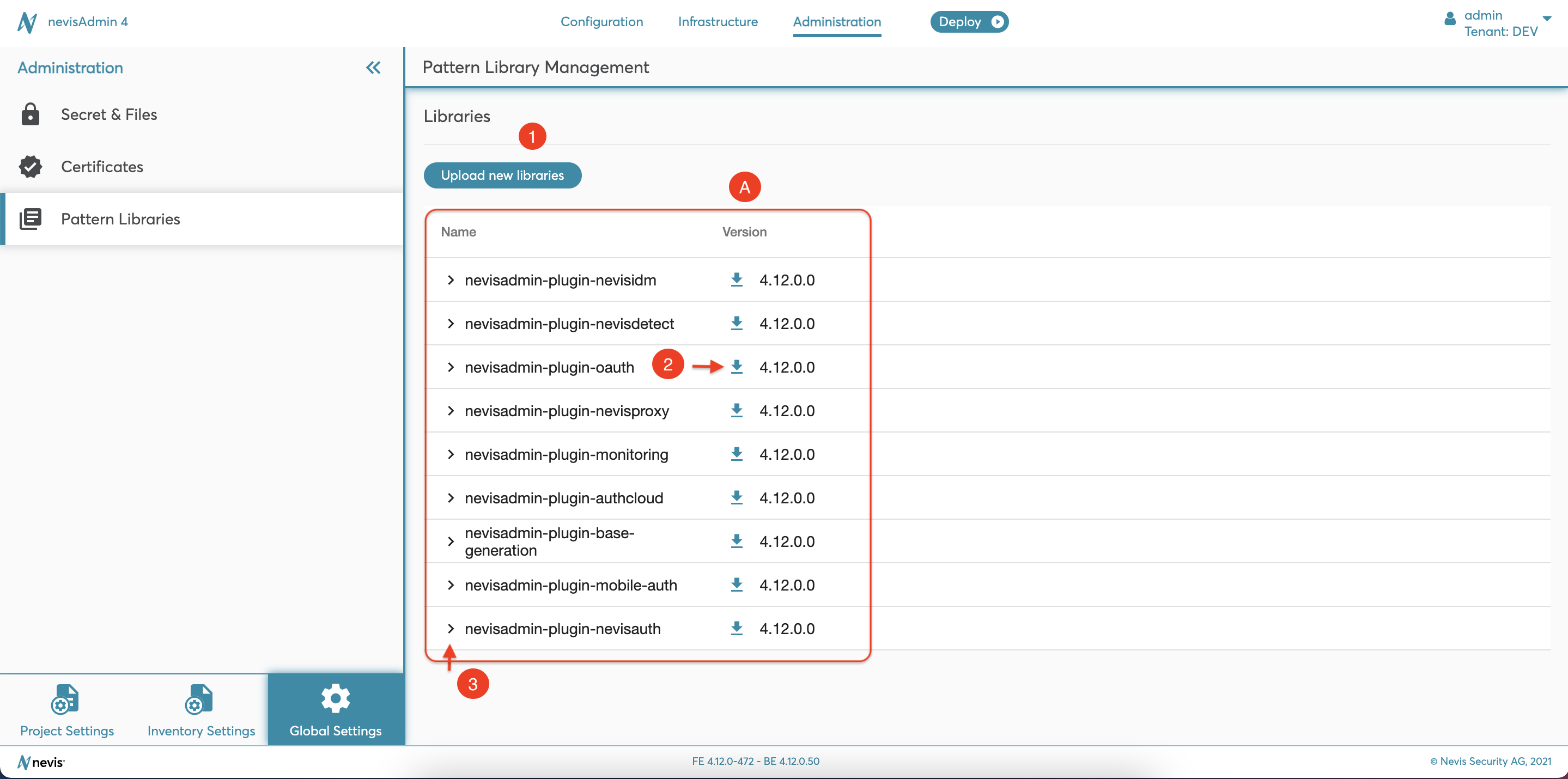 Administration tab - Pattern Library Management screen