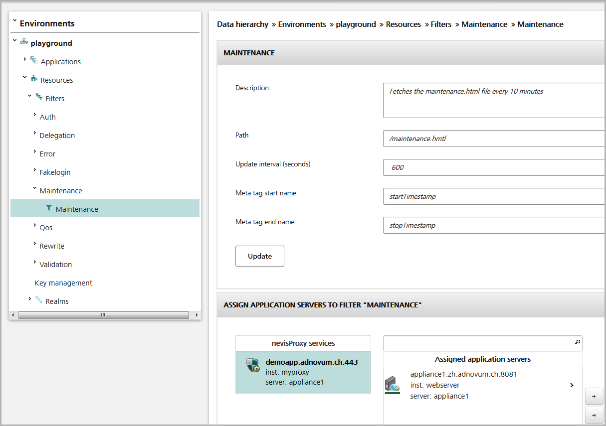 Remote maintenance filter configuration view