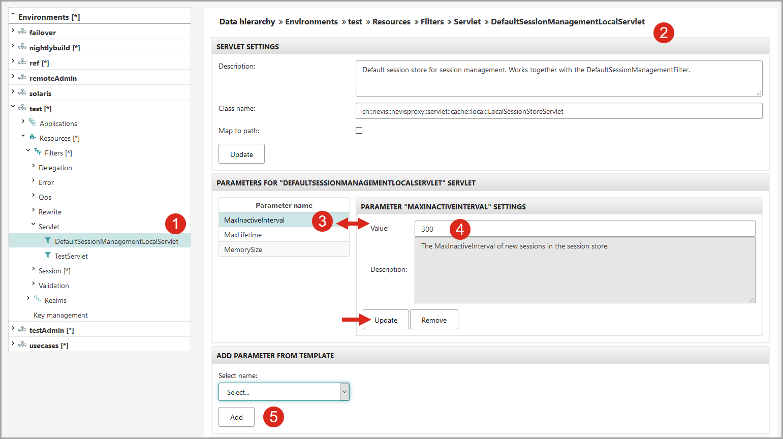 Set the parameters of the DefaultSessionManagementLocalServlet