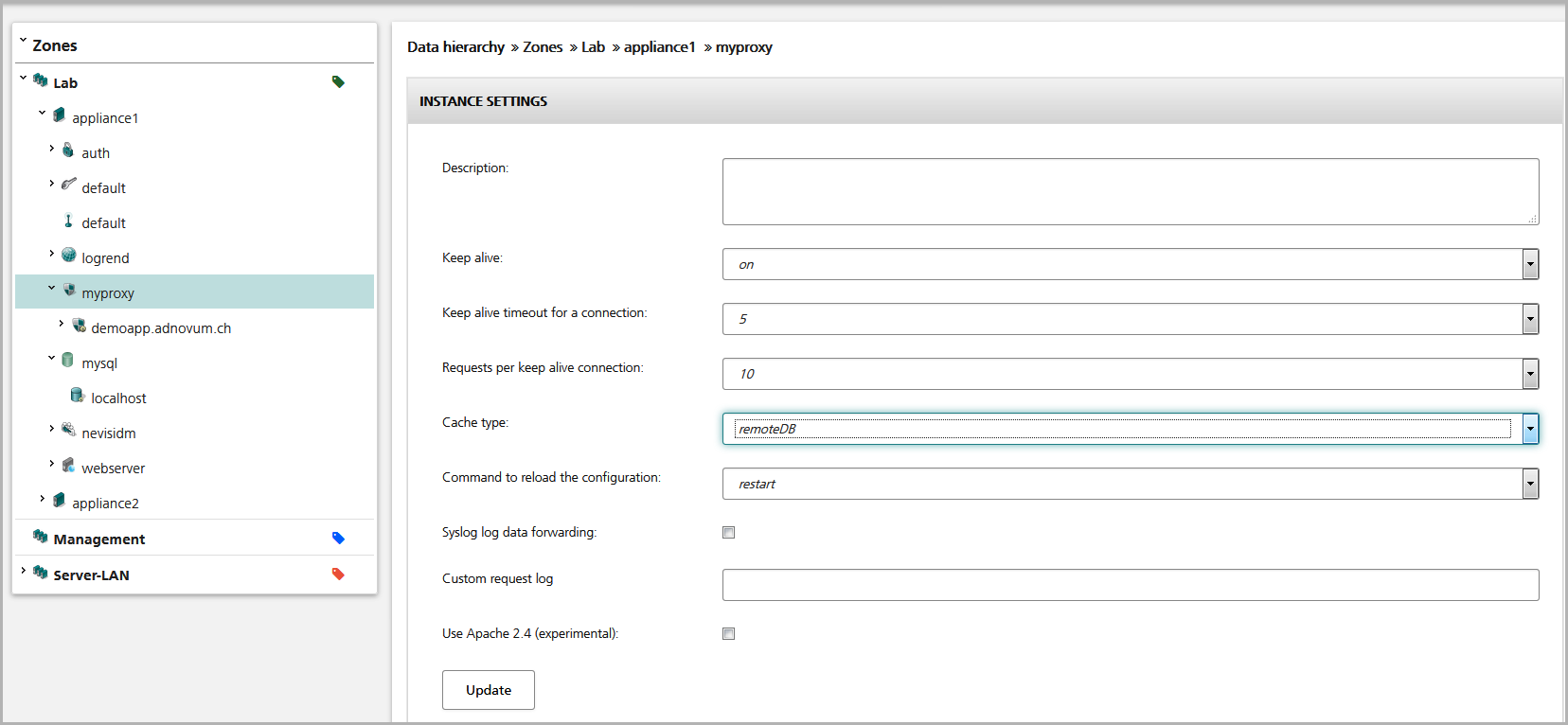 Set the remote cache database for the instance