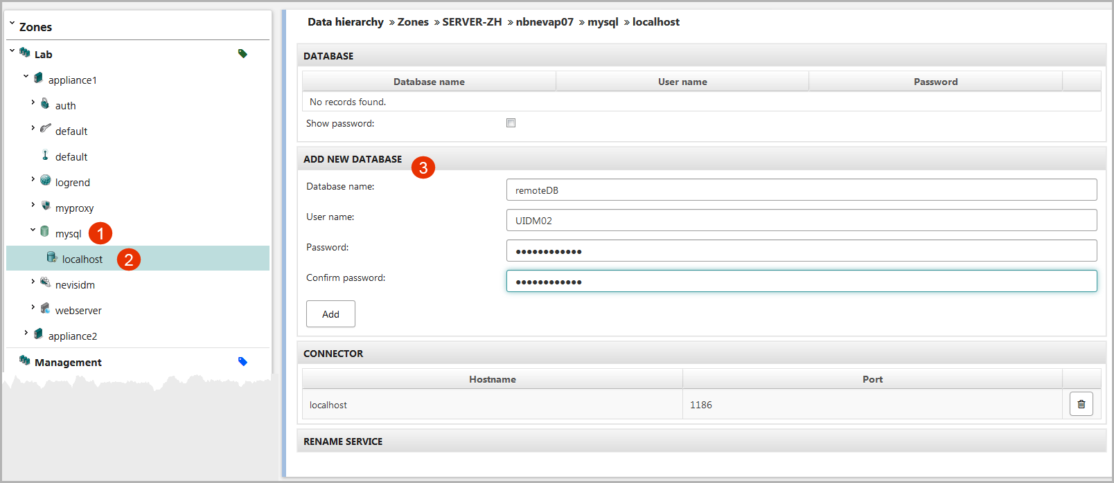 MySQL Cluster service view