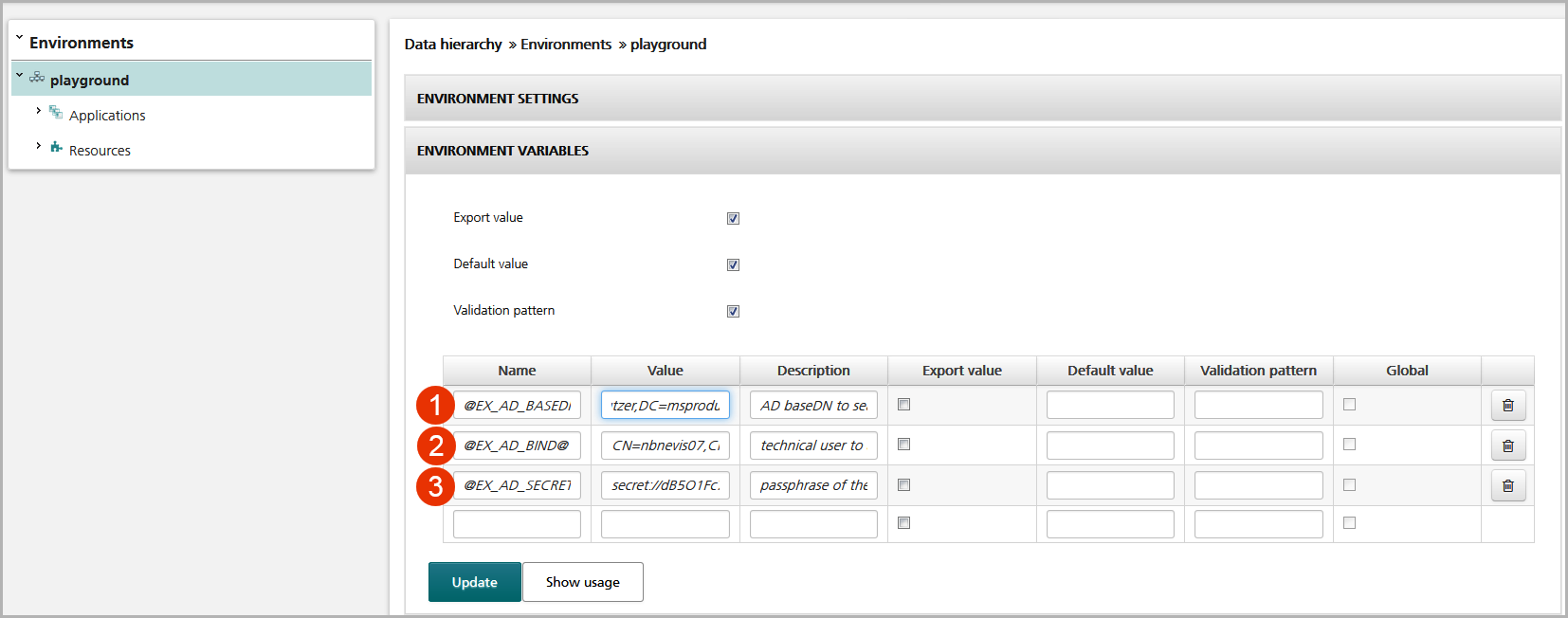 Realm parameters to access the active directory server*