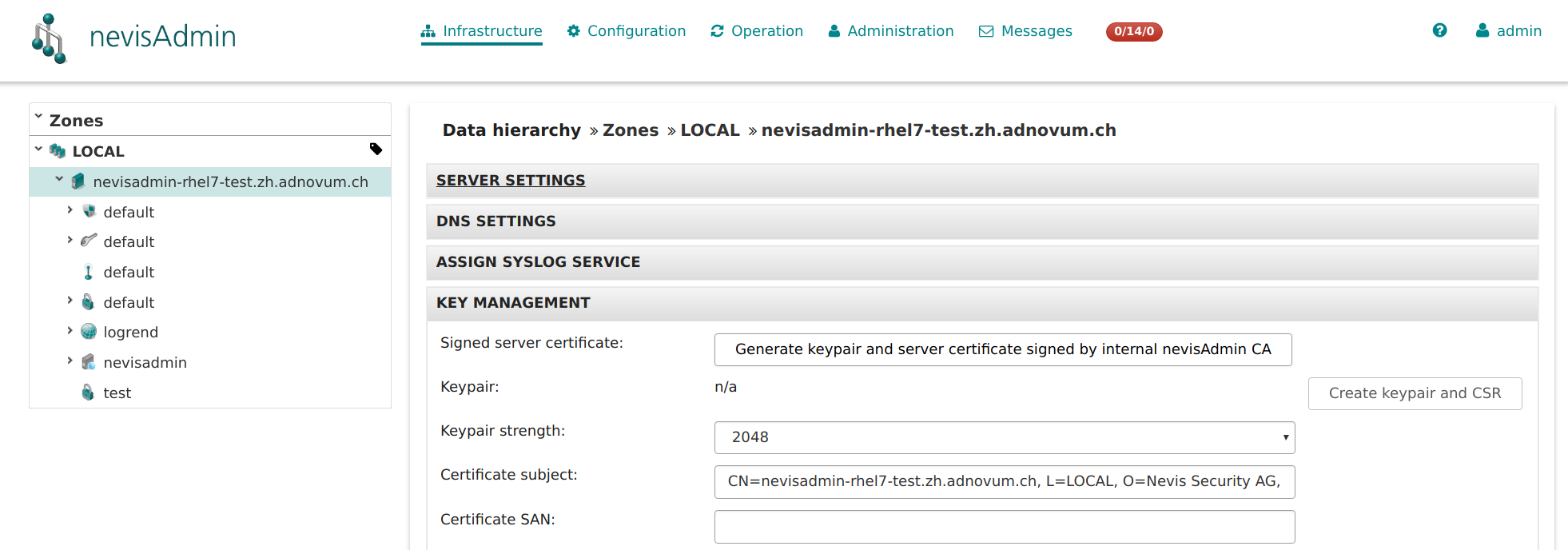 The Key Management panel of the relevant server