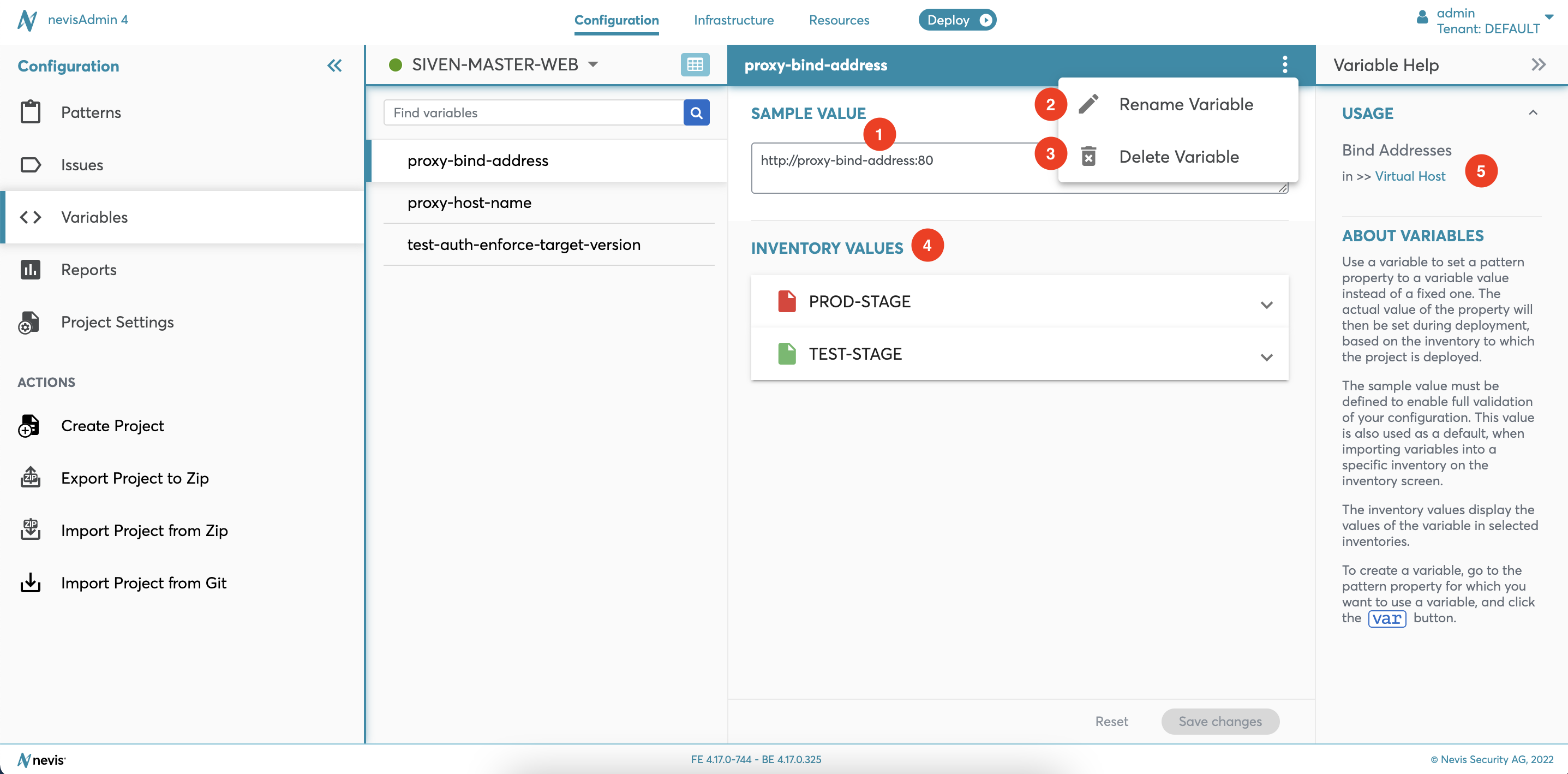 Variables screen - Overview