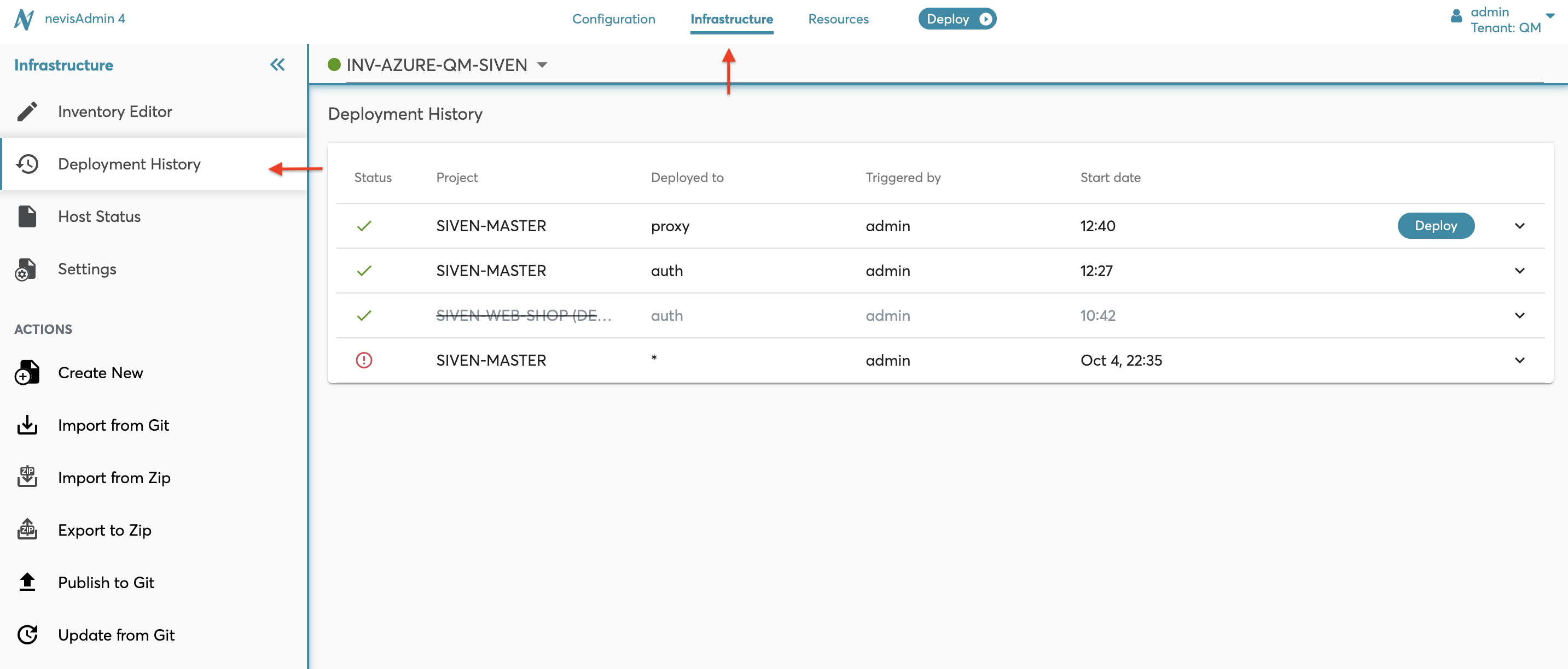 Navigation to Deployment History screen