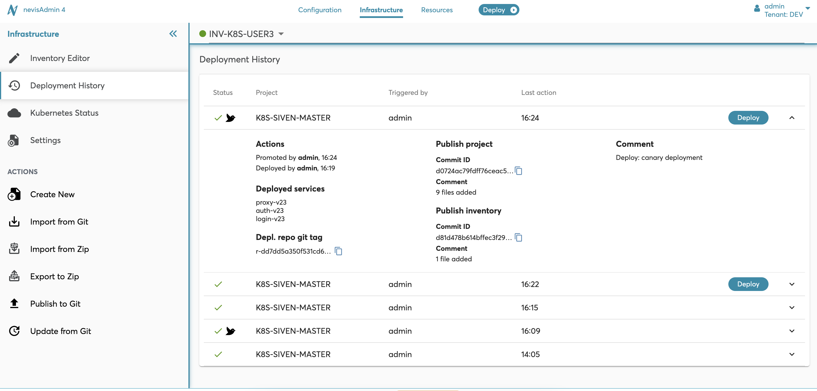 Deployment History screen