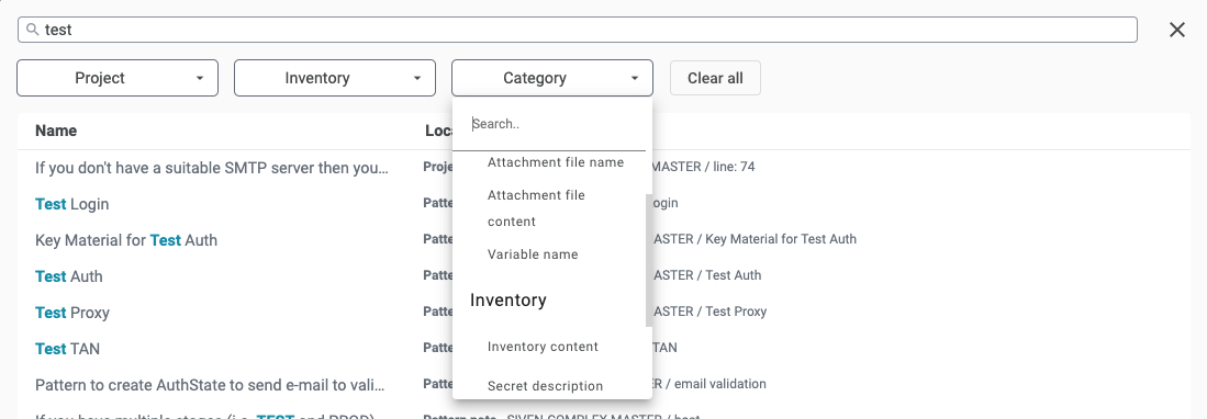 Project Search screen - Filters