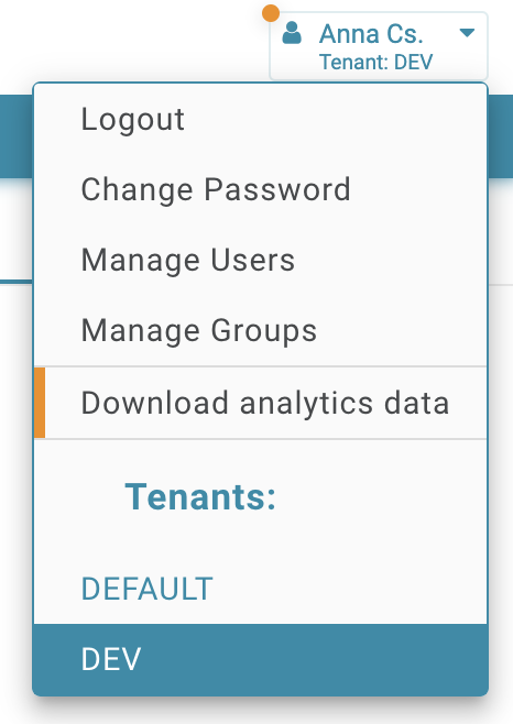 Product Analytics User menu screen - Product Analytics